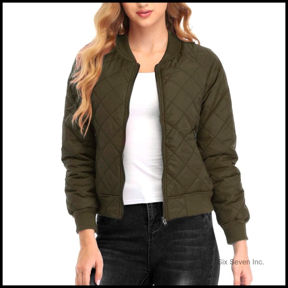 Quilted Bomber Jacket Lightweight Casual Zip Up Outerwear with Pockets
